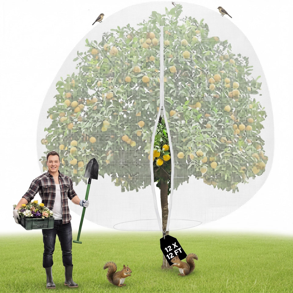 Vincreem 12x12 ft fruit tree netting covering a tree, protecting fruit from pests with airflow.