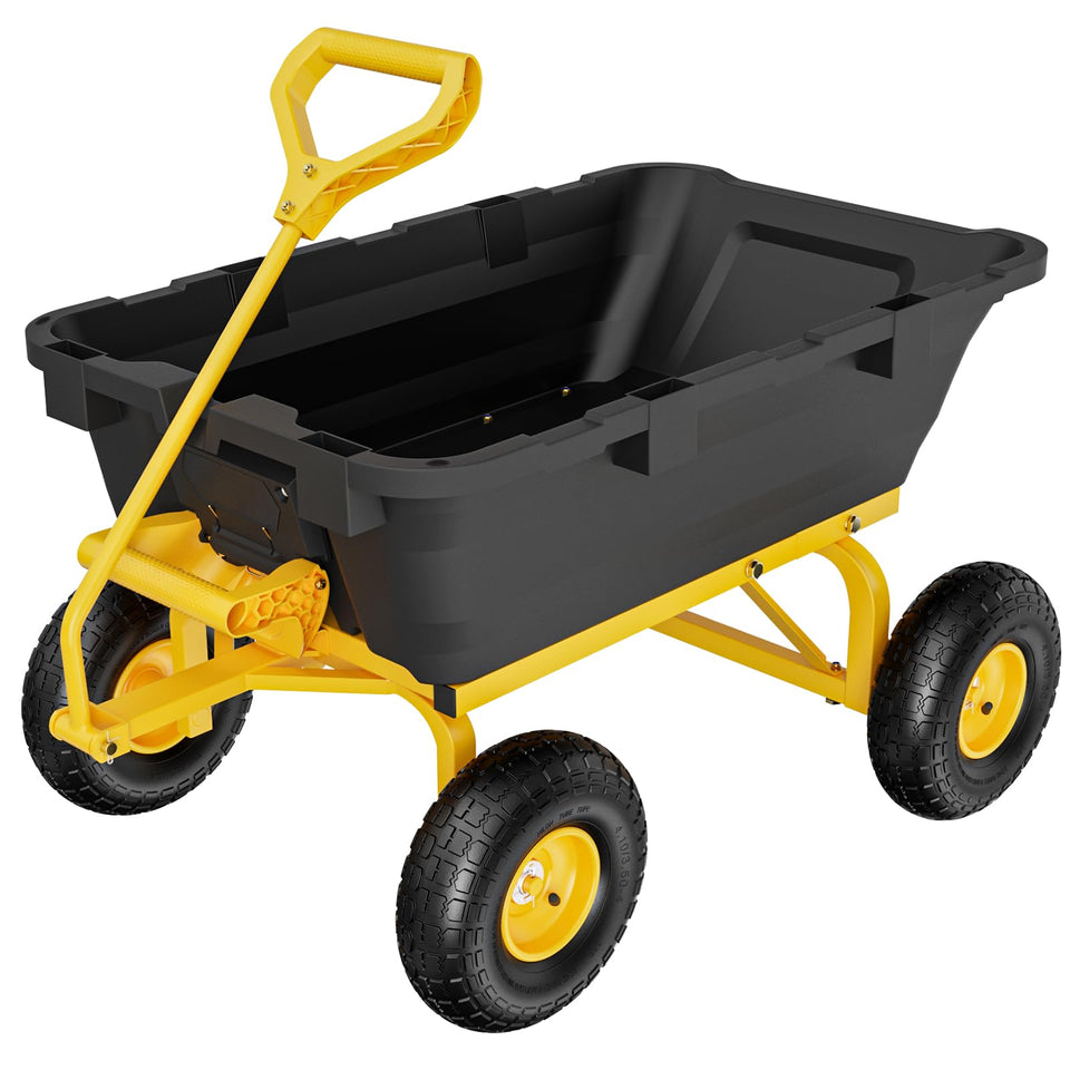 VINGLI heavy-duty dump cart showing payload ready for garden work.