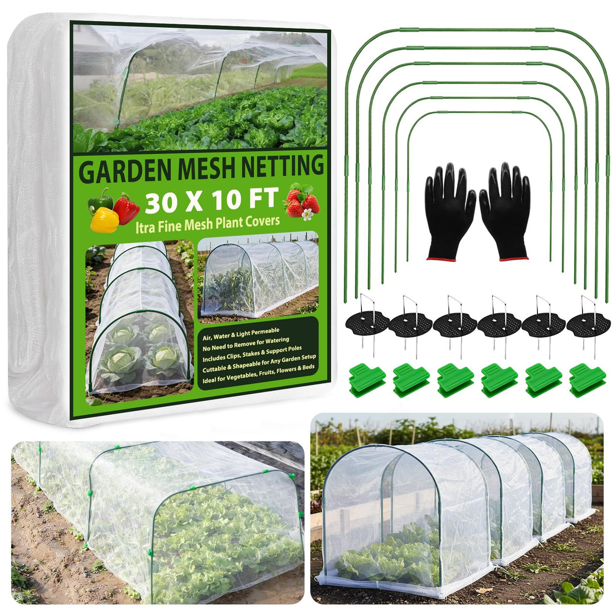 VIOBEPASS garden netting kit 10x30ft with hoops shields crops from pests while staying breathable.