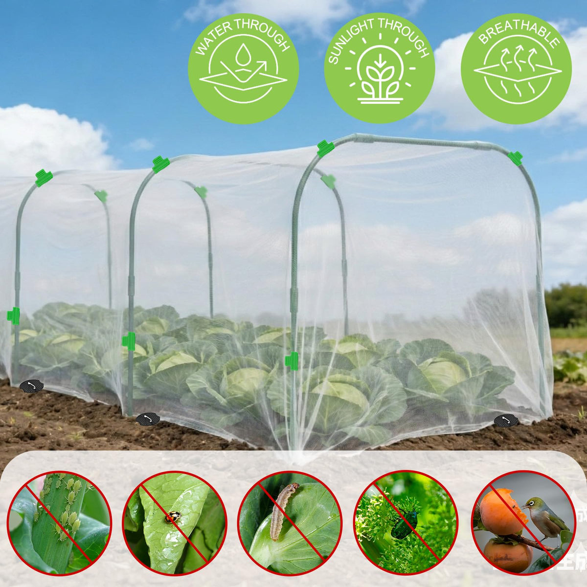 VIOBEPASS ultra-fine mesh close-up shows airflow-friendly barrier for vegetables.