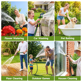 VIONMI garden hose 100ft easy setup with adapters for extended reach.