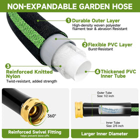VIONMI garden hose 100ft non-expandable design maintains steady water flow around obstacles.