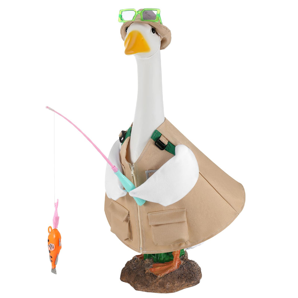 VioraWhite fishing goose outfit on a 23-inch goose statue enhances porch decor