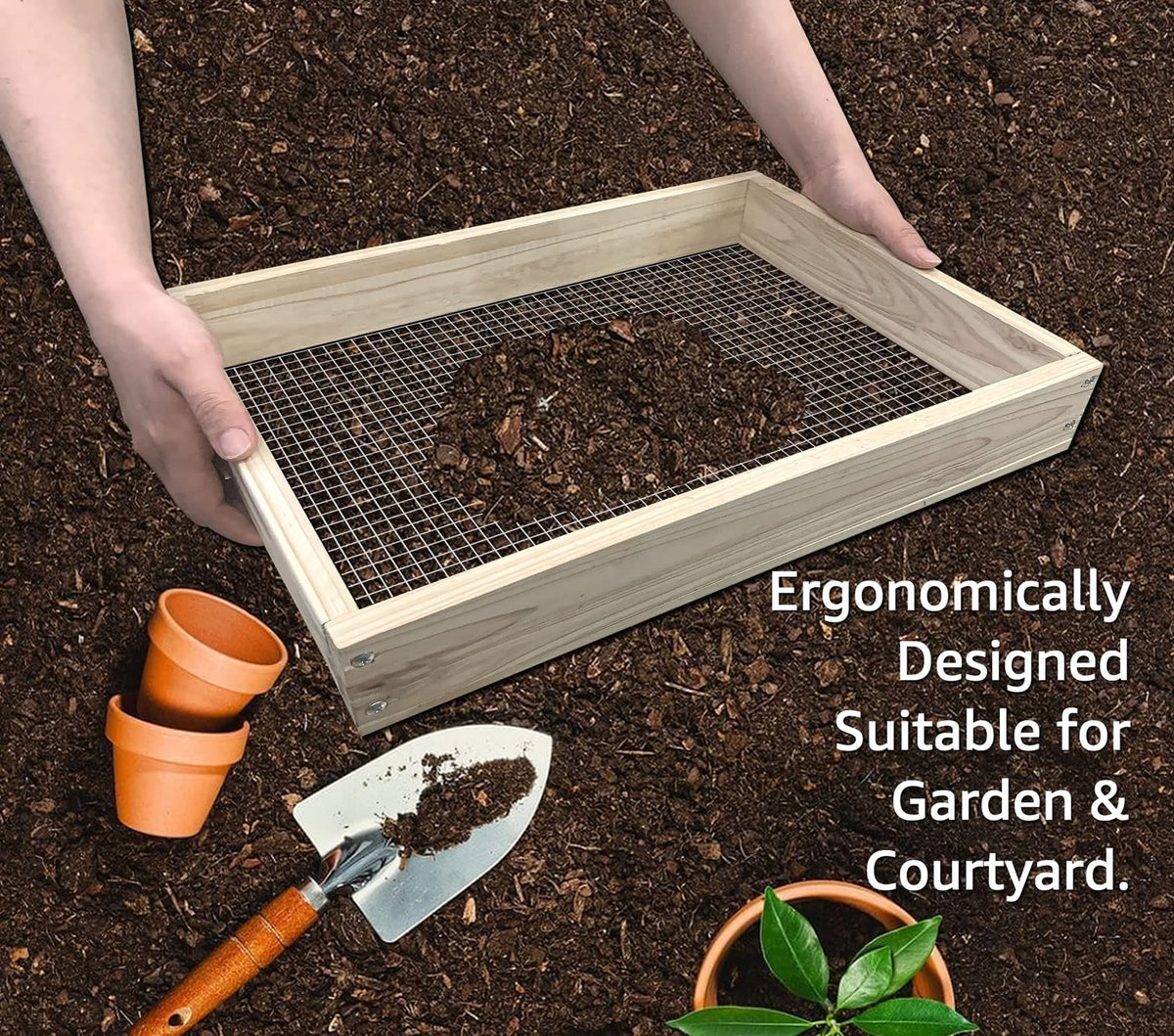 VIPMORE Soil Sifter with gloves and shovel included for easy soil preparation.