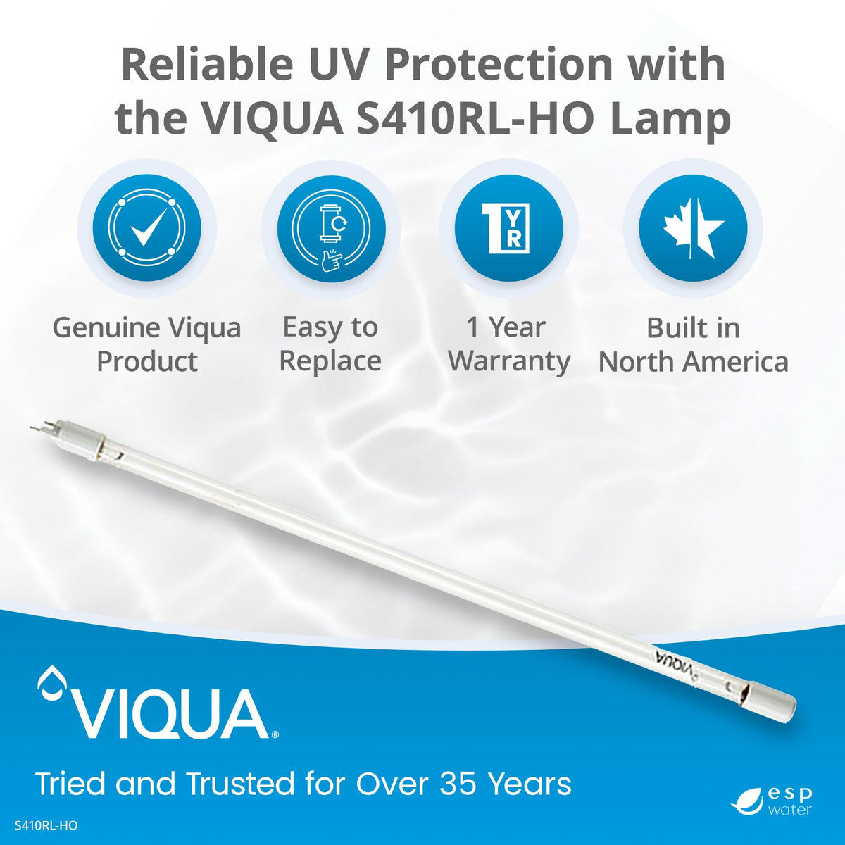 Closeup of VIQUA S410RL-HO lamp highlighting compact, high-output design.