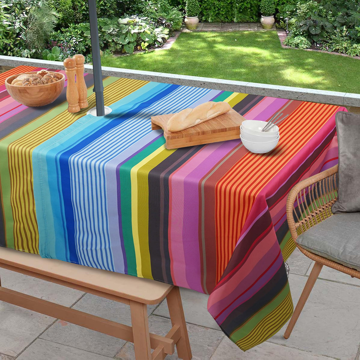 Virtumob rainbow-striped outdoor tablecloth with umbrella hole for bright outdoor gatherings