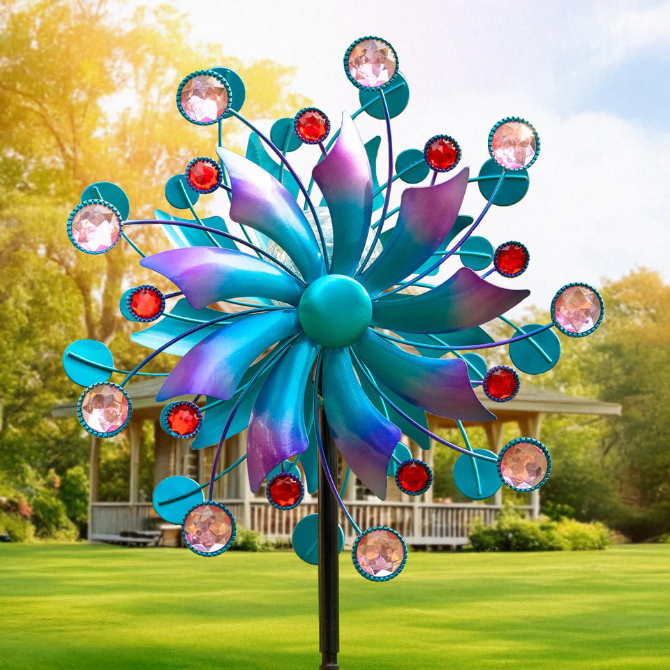 VISFLAIR solar wind spinner with blue glass ball light glows at night