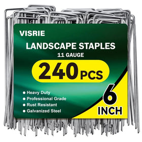 VISRIE 240-pack 6-inch stakes ready to secure weed barrier fabric.