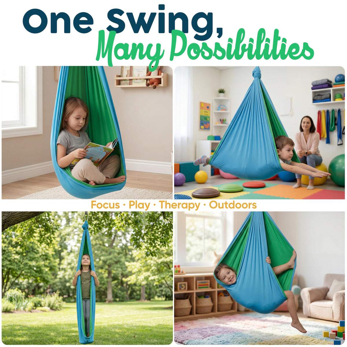 Wide-entry opening of VISSE Sensory Swing enables easy climbing