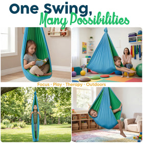 Wide-entry opening of VISSE Sensory Swing enables easy climbing