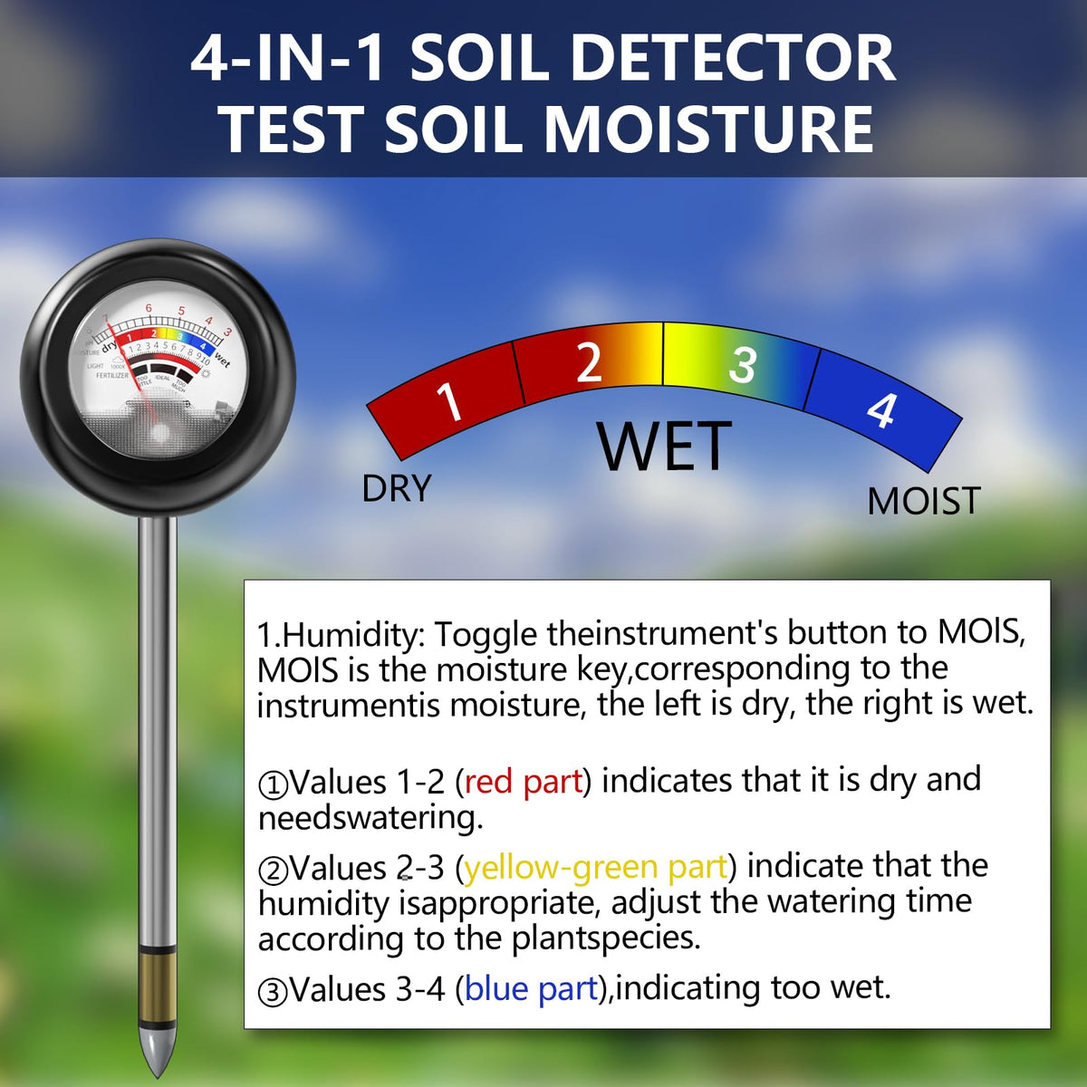 Vitamicor 4-in-1 dial close-up showing moisture and pH readings