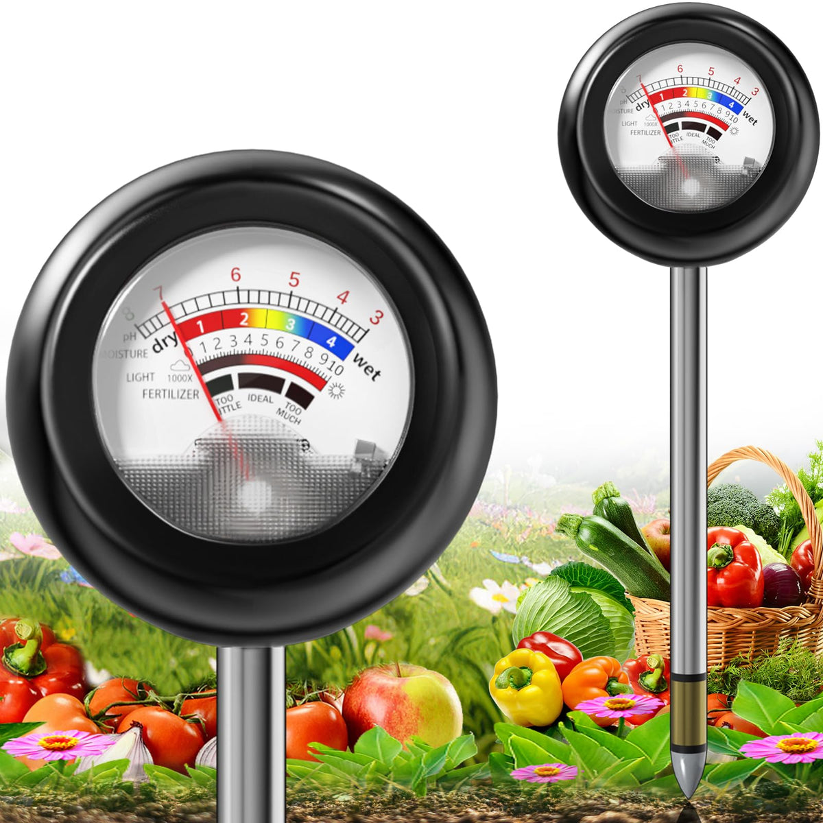 Vitamicor 4-in-1 soil tester front view with clear dial for quick readings