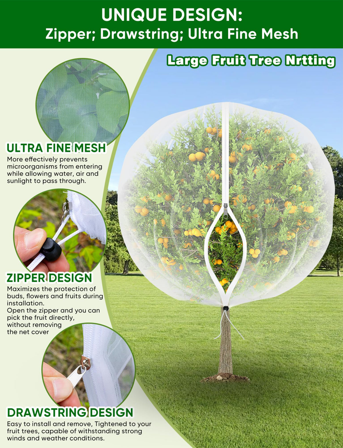 VITI drawstring edge ensures snug fit around irregular canopies.