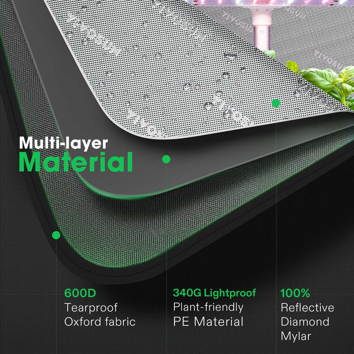 VIVOSUN 600D Oxford fabric lining resists tears and maintains light control