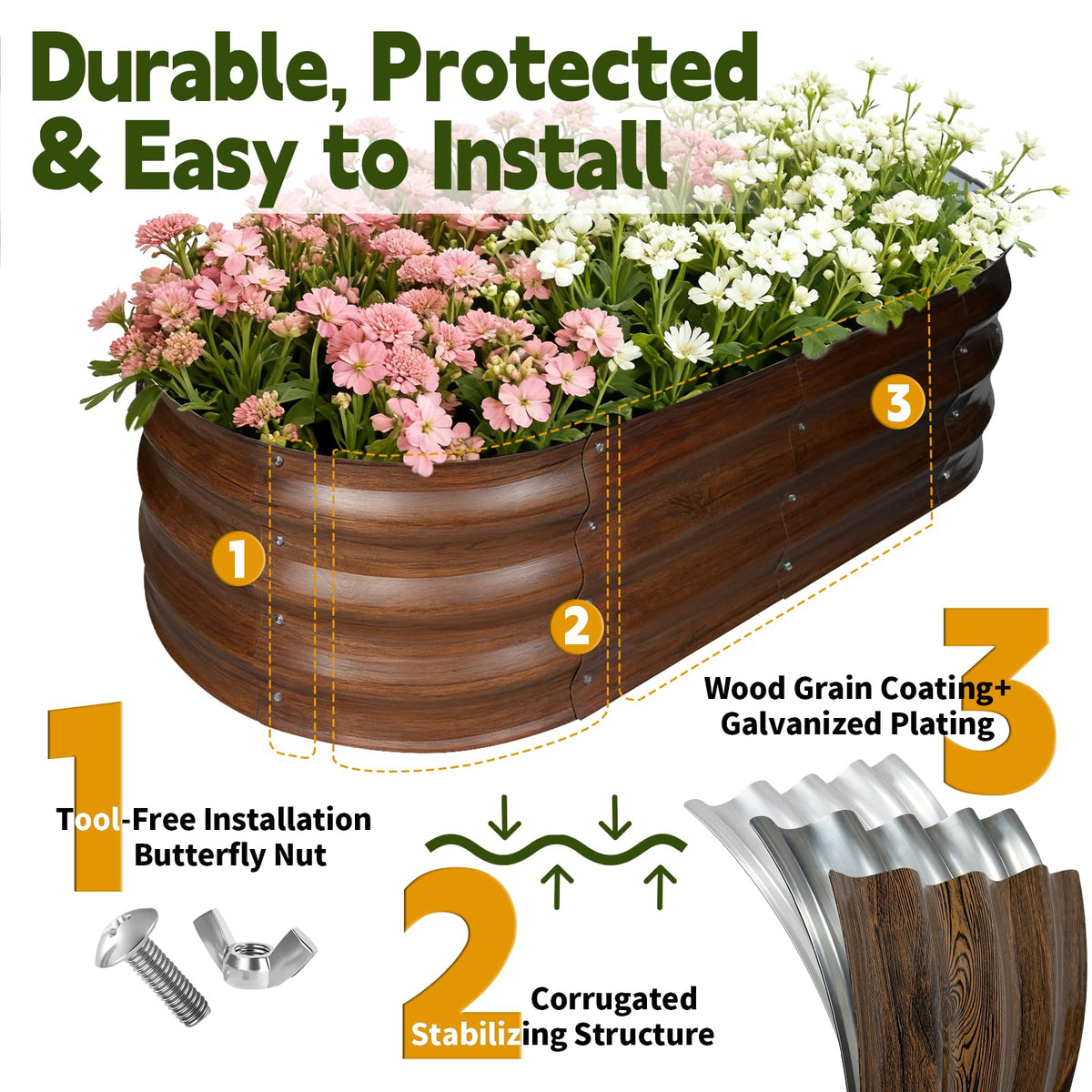 Vivagarden galvanized-steel with woodgrain coating delivers durable, weatherproof outdoor performance.