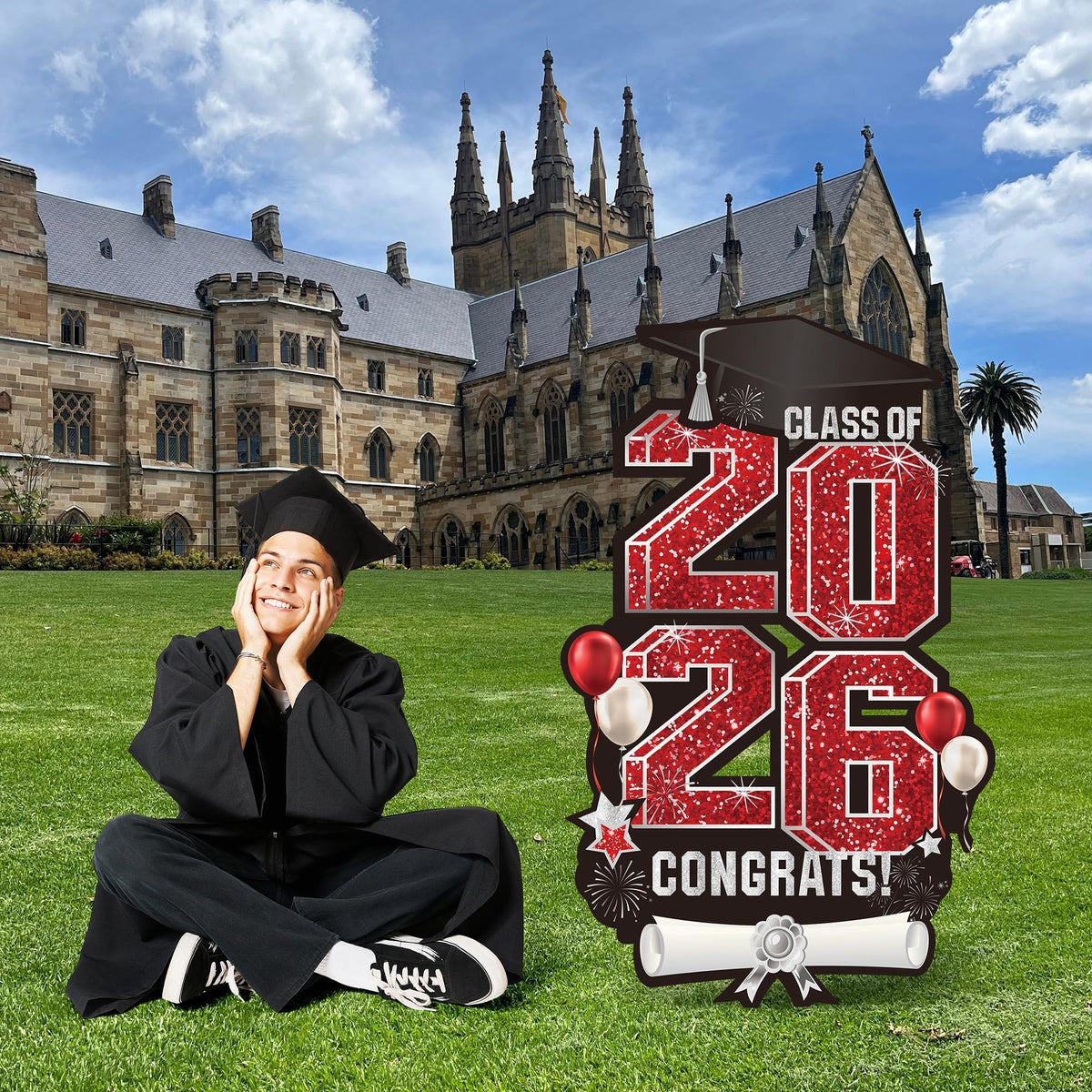 Outdoor graduation decor by Vivantia 2026 yard sign on lawn
