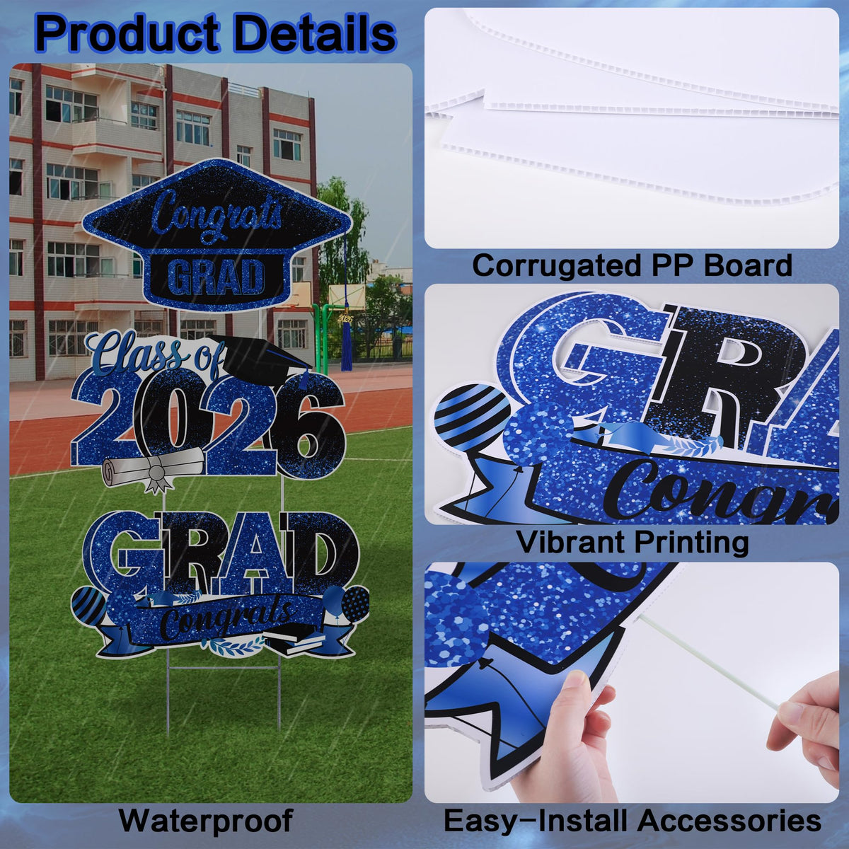 Vivantia blue graduation sign with metal stakes standing tall in the yard