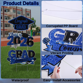 Vivantia blue graduation sign with metal stakes standing tall in the yard