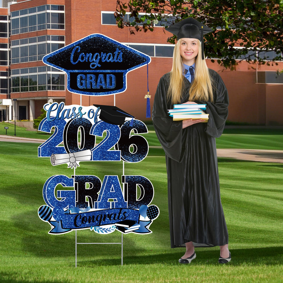 Vivantia graduation yard sign in blue for outdoor decor and photo backdrop