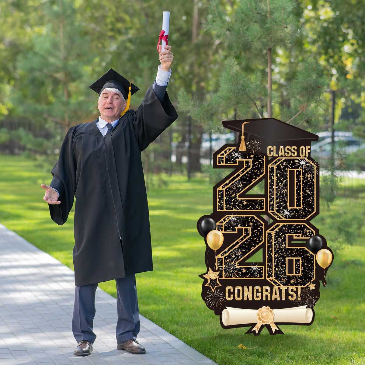 Vivantia outdoor graduation decor enhances yard or garden parties.
