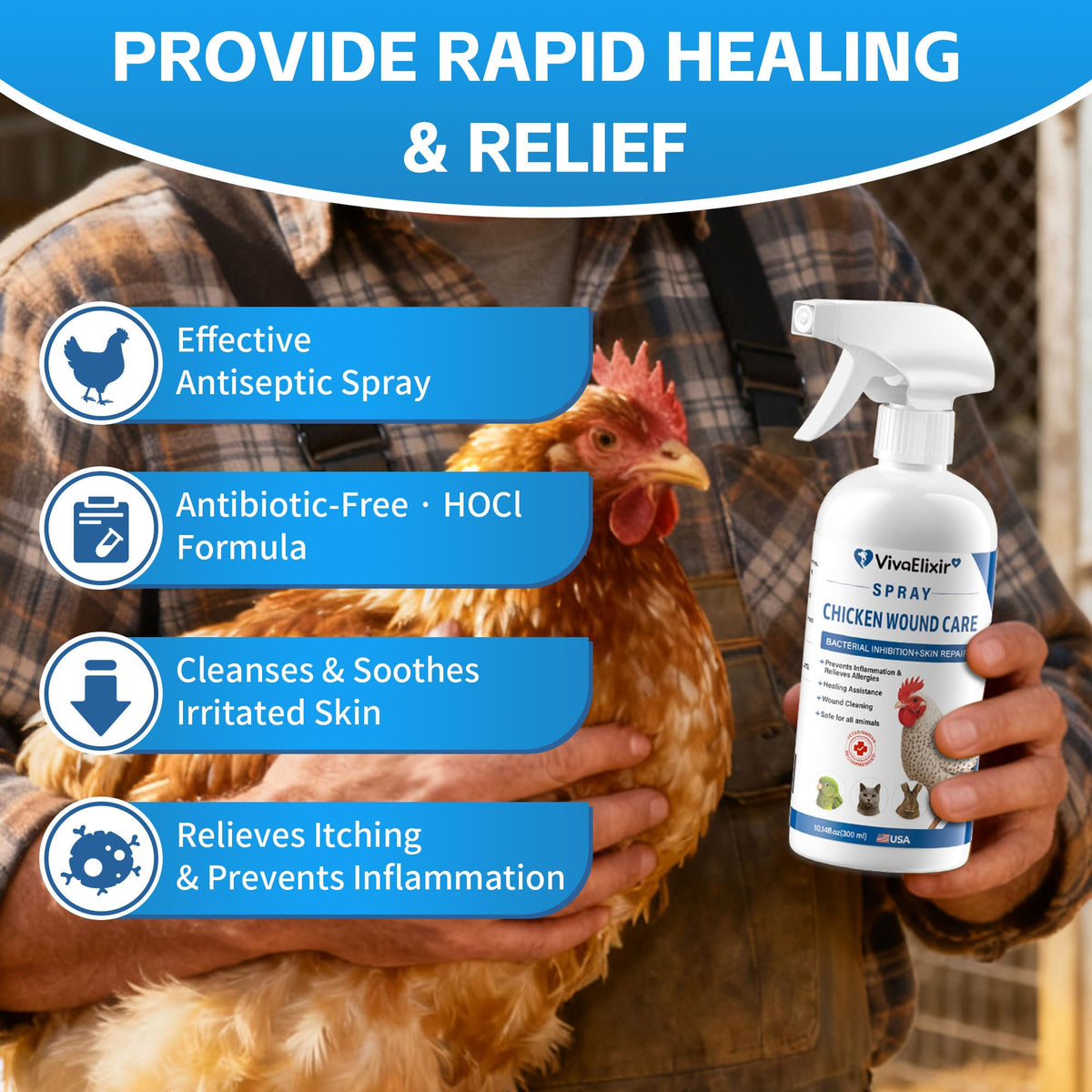 VivaElixir chicken wound spray label closeup highlighting HOCl safety
