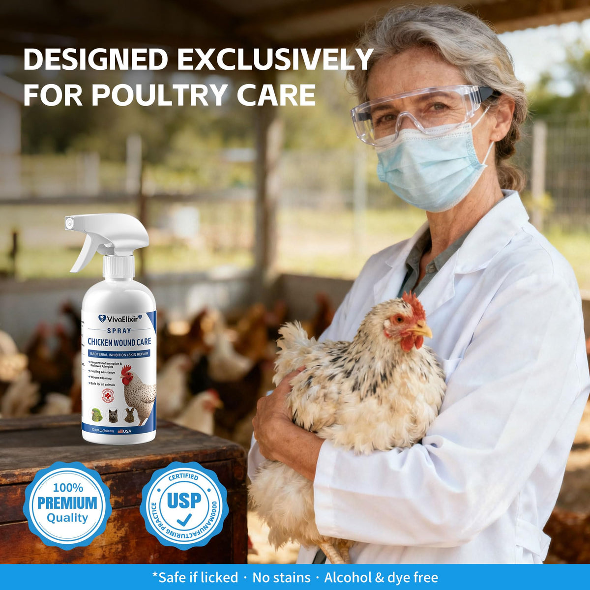 VivaElixir chicken wound spray in coop setting for antibiotic-free care