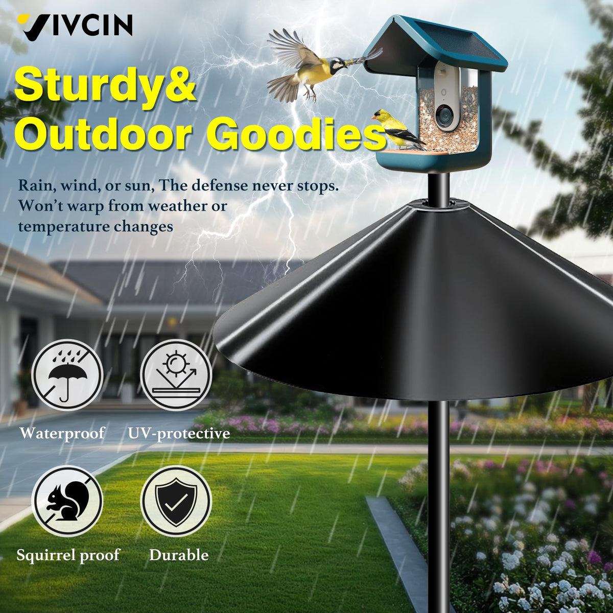 VIVCIN quick-install pole-mount baffle fits most feeders for effortless setup.