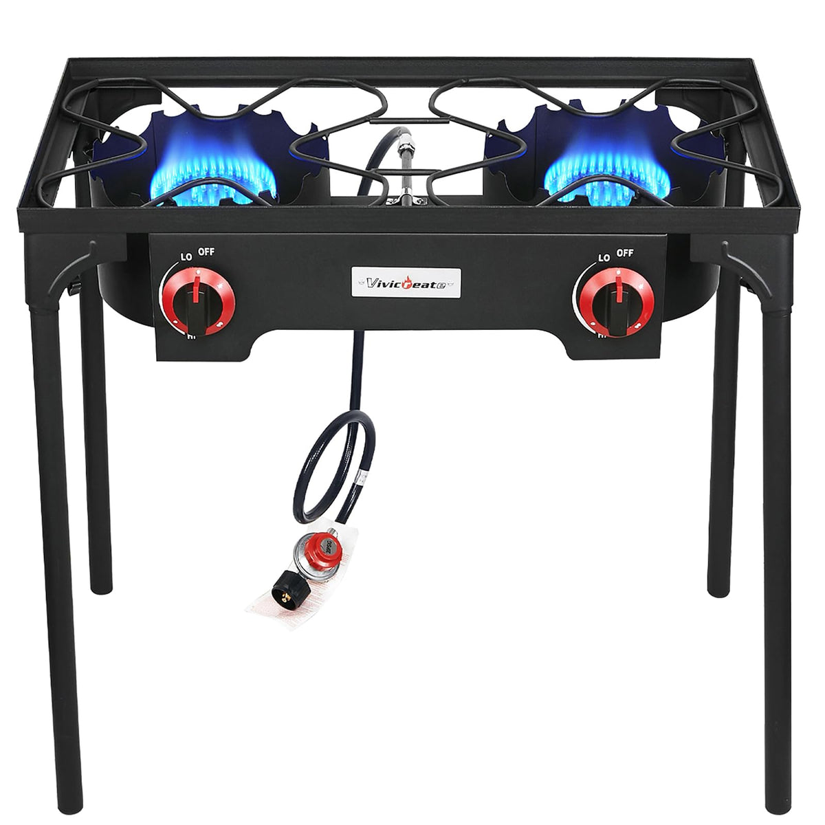 Vivicreate dual-burner propane stove outdoors for camp cooking and outdoor meals.