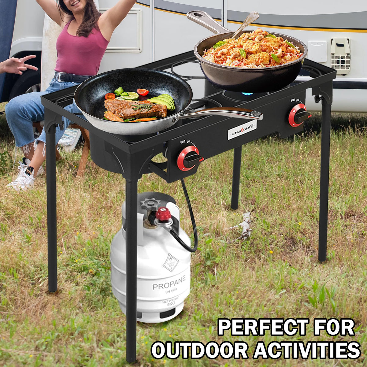 Vivicreate outdoor stove in action ideal for camping, picnics, and garden parties.