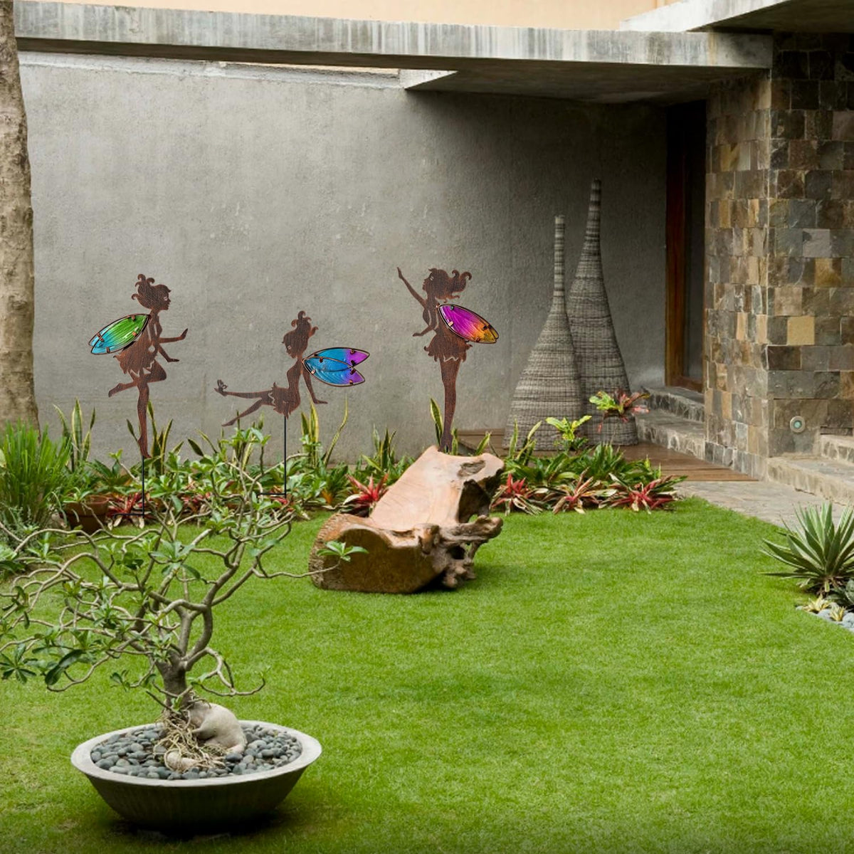 VividLadybug metal fairy stake shows three sizes for versatile garden styling.