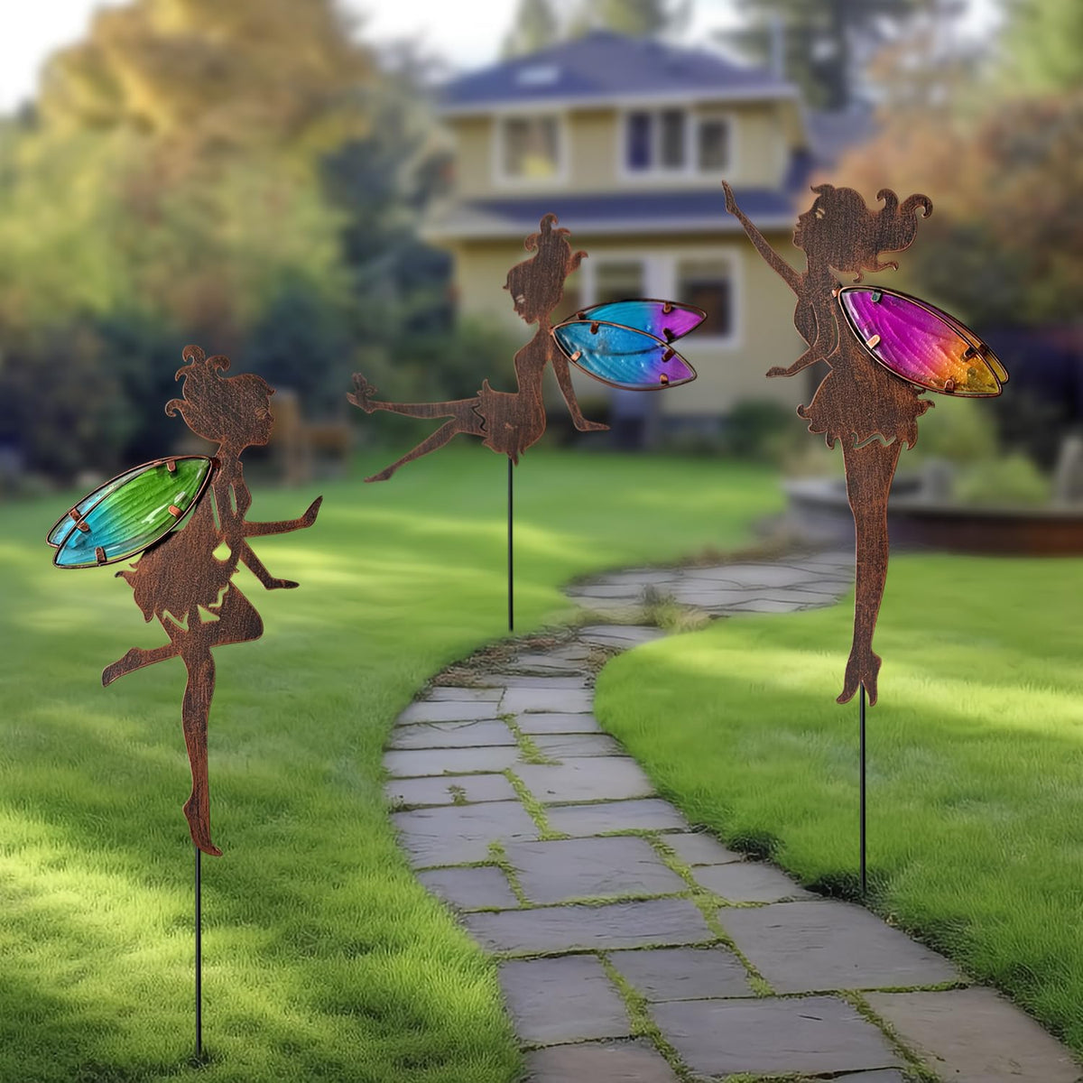 Glass accents catch sunlight for shimmering color in yard paths.