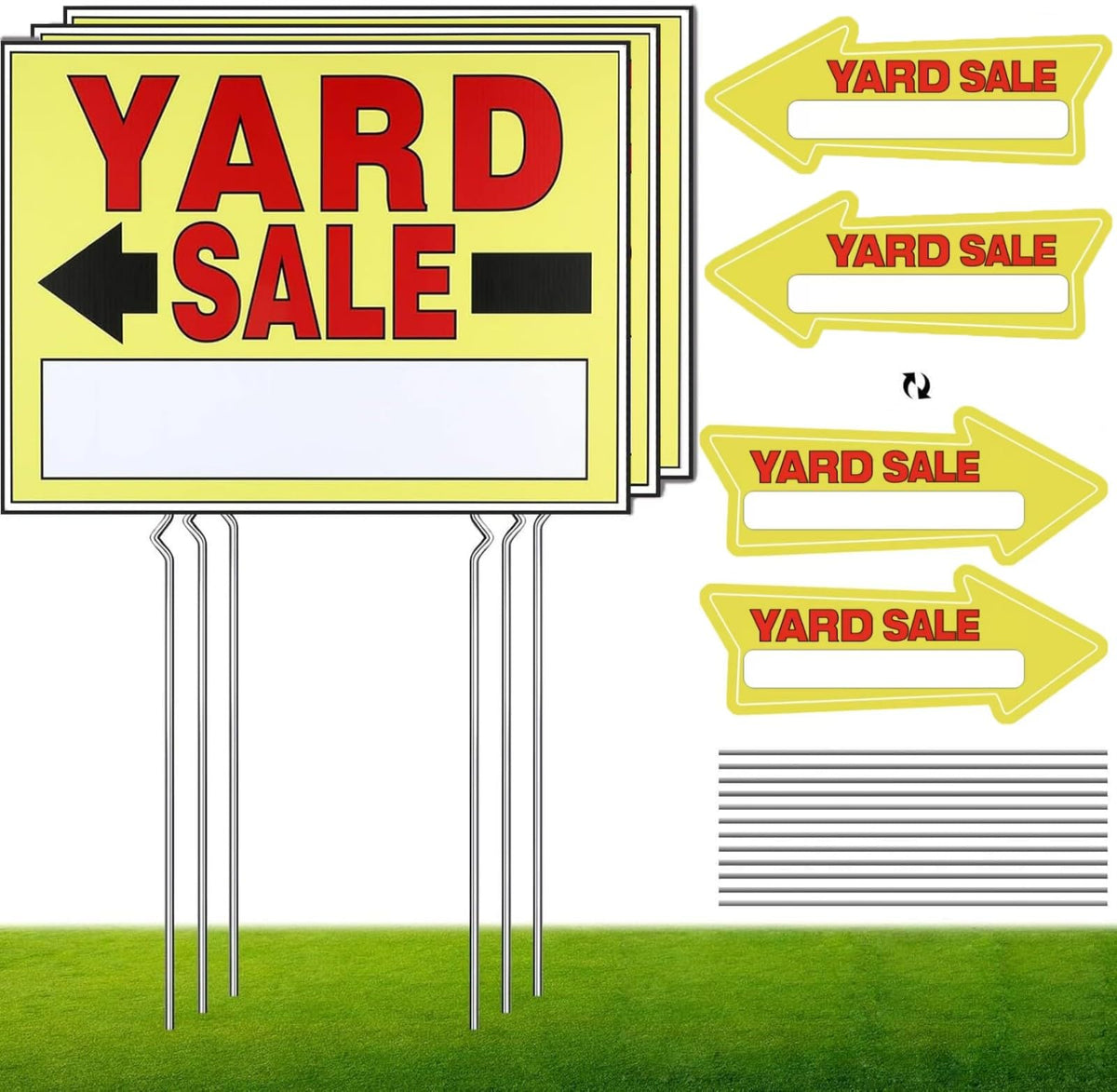 Vividsphere yard sale signs with double-sided panels and metal stakes attract passing buyers.