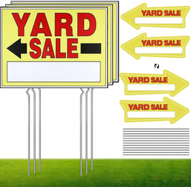 Vividsphere yard sale signs with double-sided panels and metal stakes attract passing buyers.