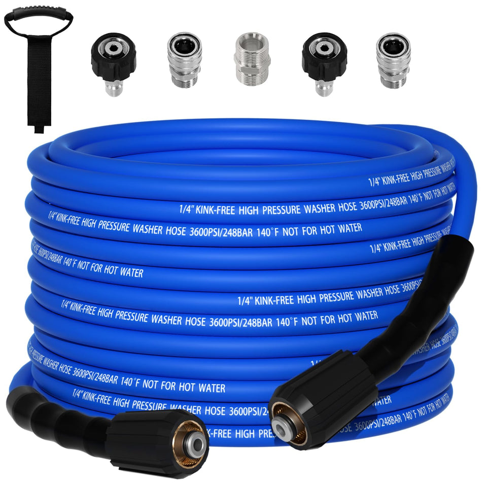 VividWash kink-free 50ft hose unfurls smoothly for quick outdoor cleaning