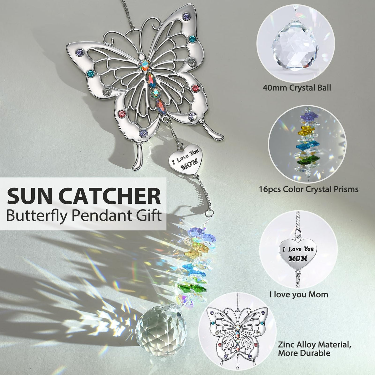 VIVIKEN Butterfly Suncatcher with rhinestones sparkles when illuminated by light.
