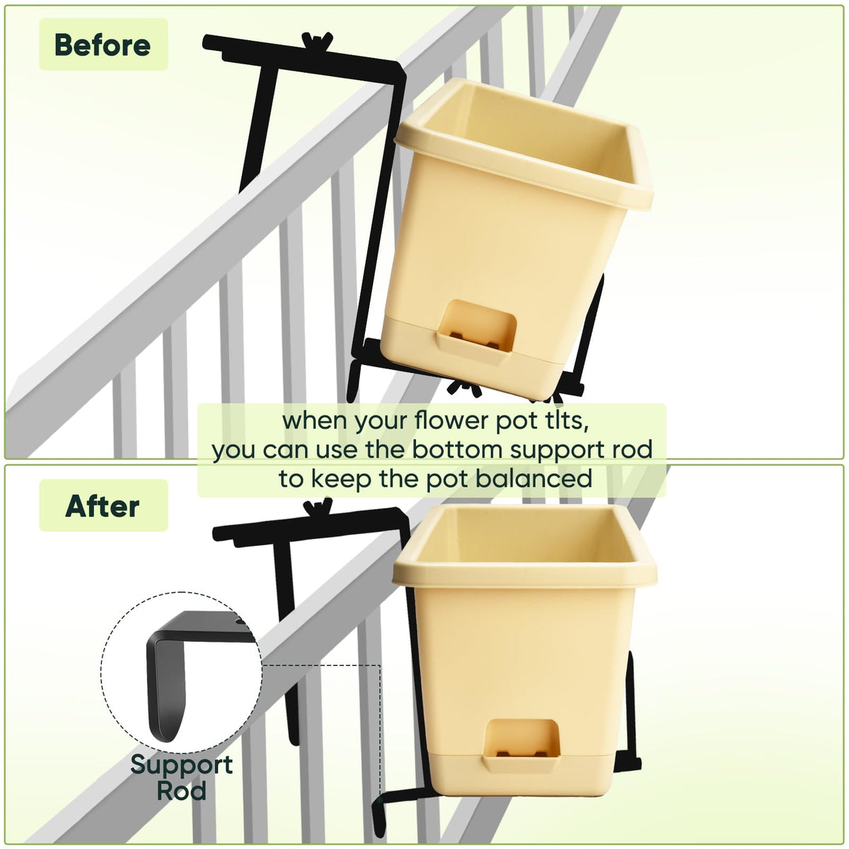 Bottom support bar on VIVIKEN bracket preventing pot tipping