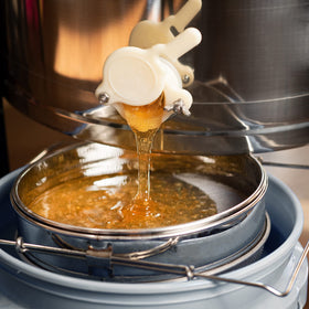 VIVO honey strainer with coarse mesh catching large particles before fine filtration
