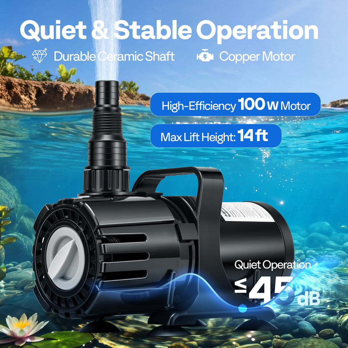 Vivohome 100W pump uses ceramic shaft for durability and quiet operation.