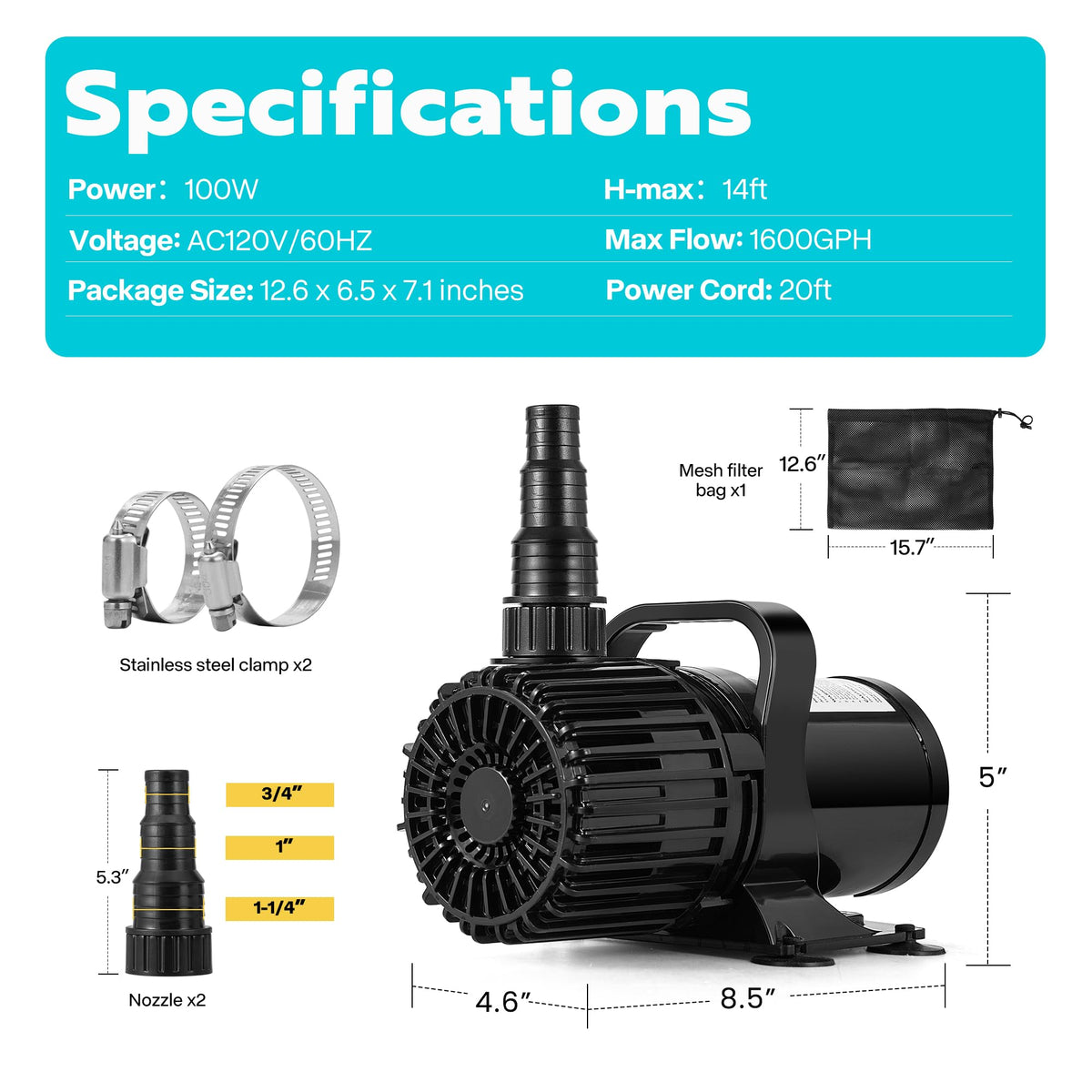VIVOHOME 20 ft power cable supports versatile pond or tank setups.