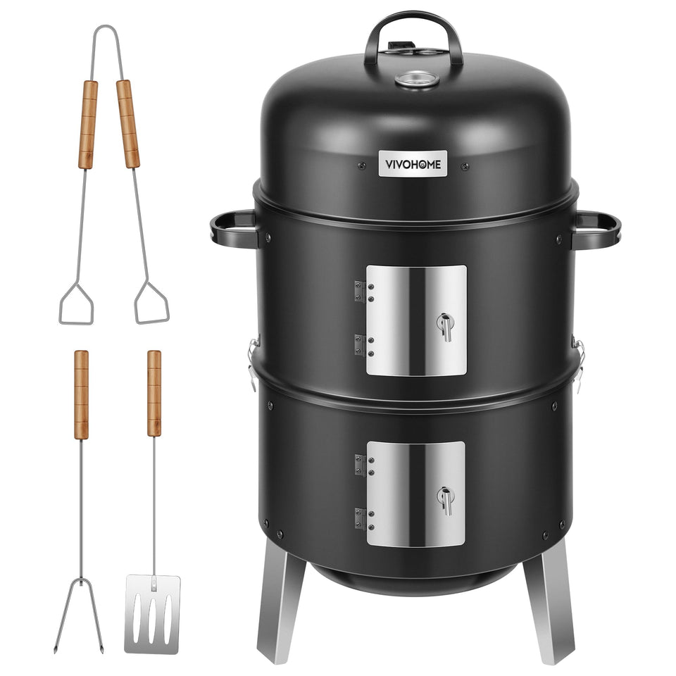 VIVOHOME vertical charcoal smoker with three chambers for versatile cooking.
