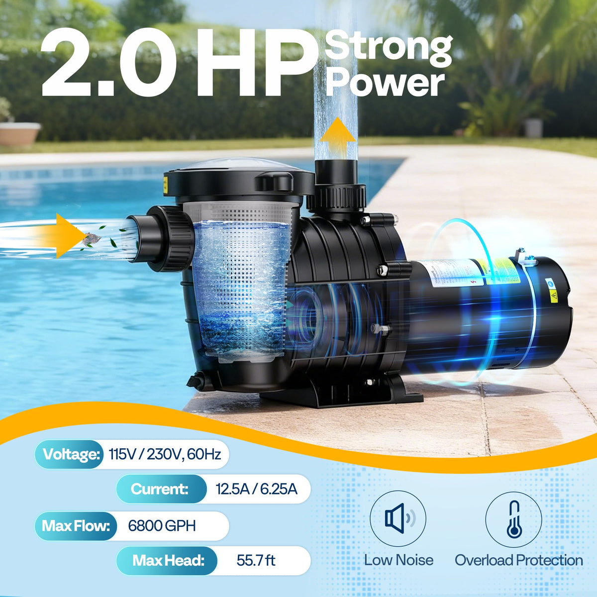 VIVOHOME 6800 GPH flow rate display indicating high output for large pools