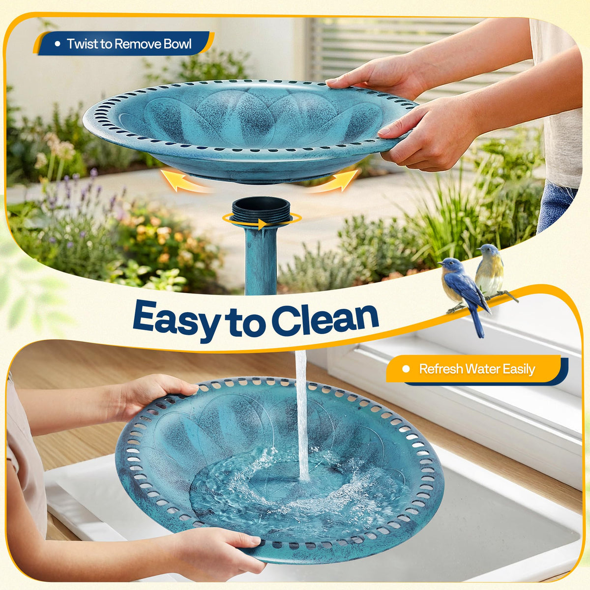 Vivohome bird bath base with wide footprint and stakes resists tipping outdoors.