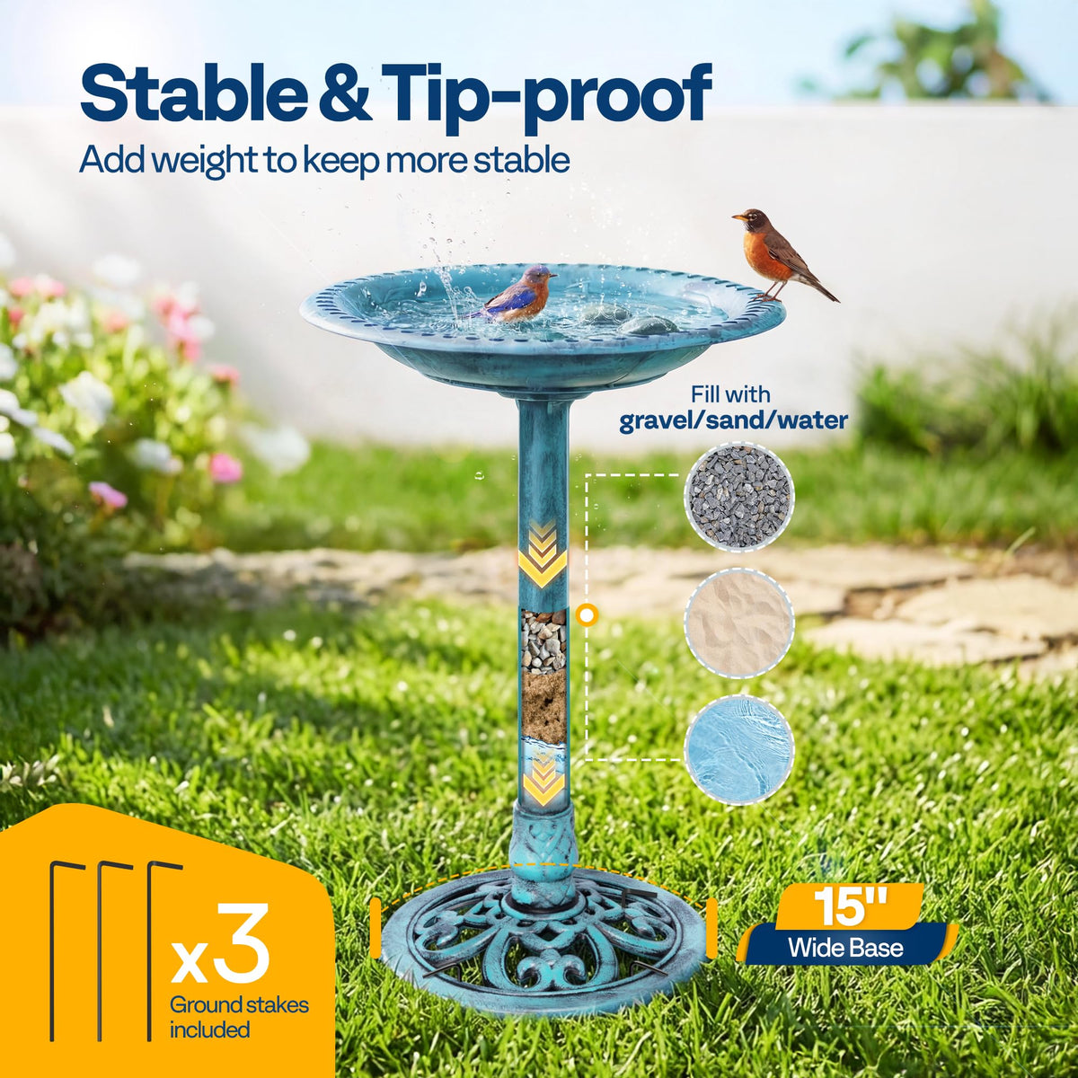 Vivohome bird bath bowl wide 20-inch diameter offers spacious drinking and bathing area.