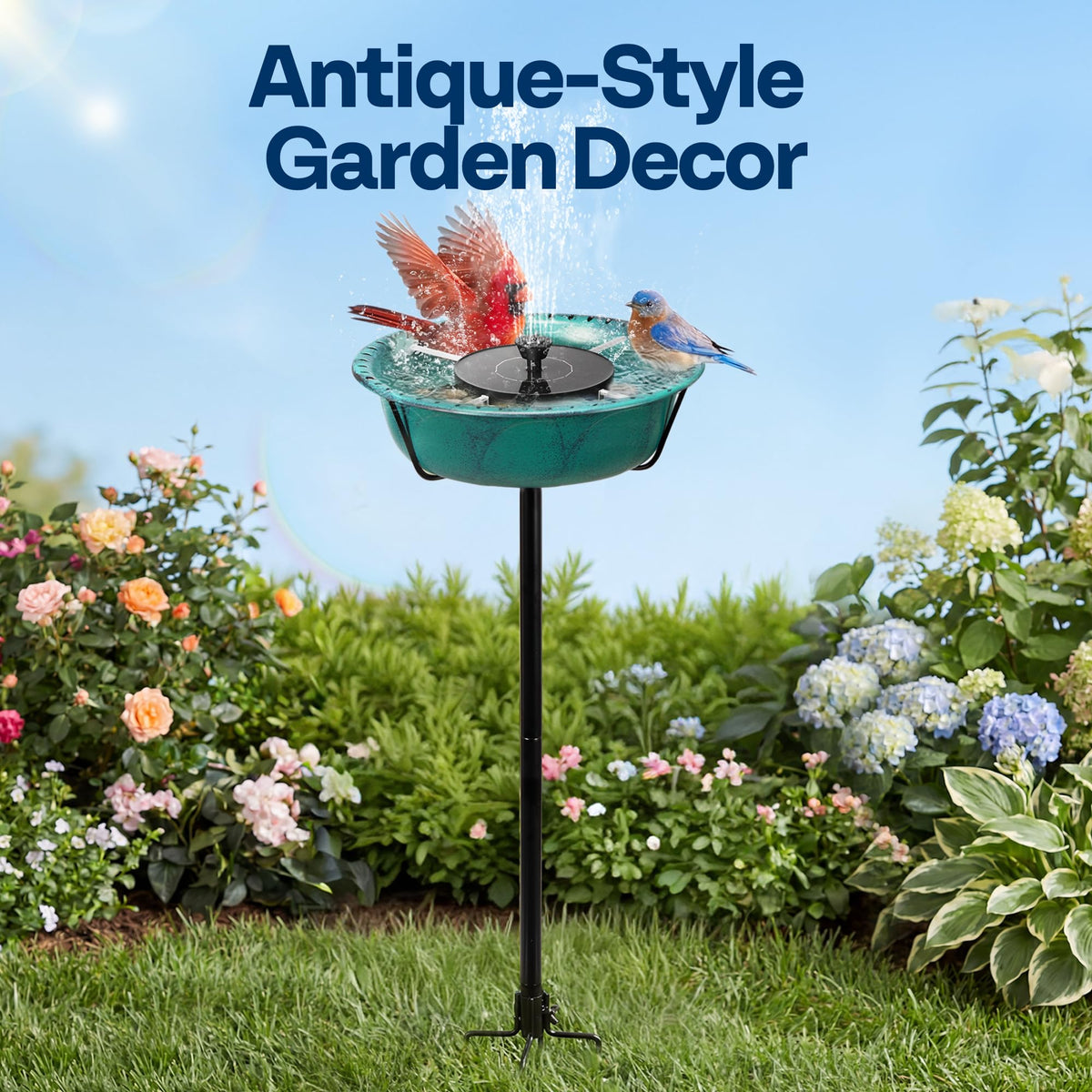 VIVOHOME bird bath solar fountain shows a gentle spray for wildlife