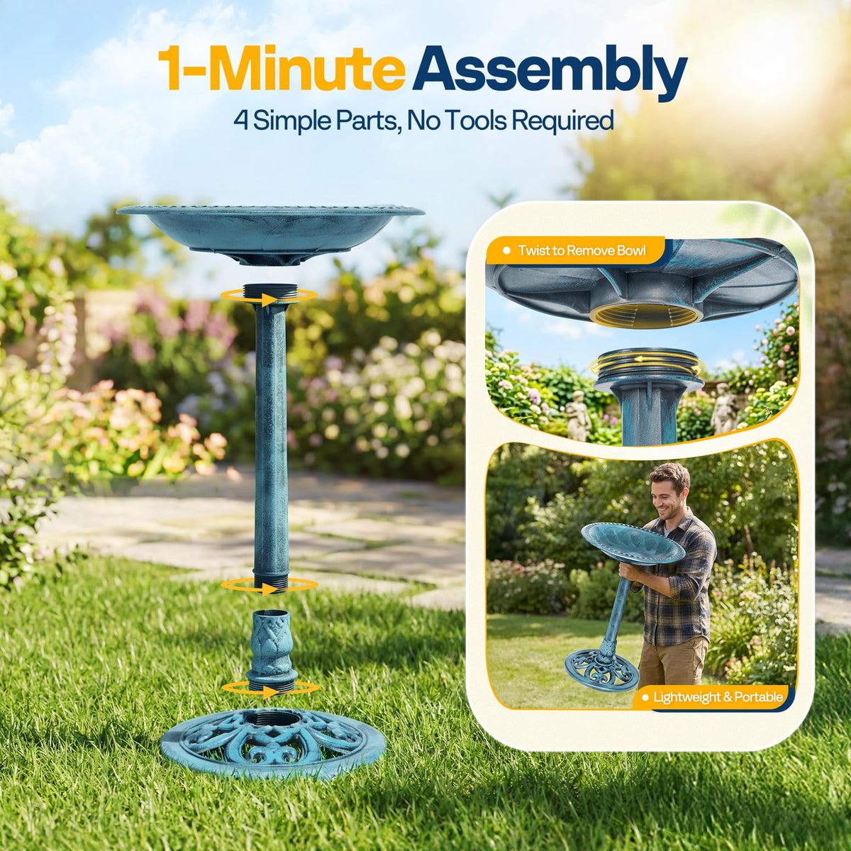 Vivohome bird bath decorative blue pedestal complements garden aesthetics while providing water.