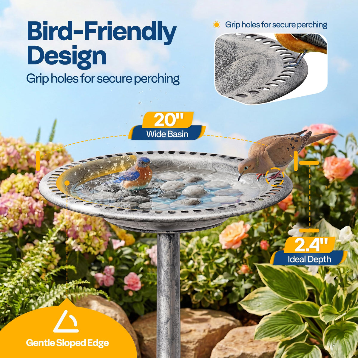 VIVOHOME rim grip holes provide perching for visiting birds.