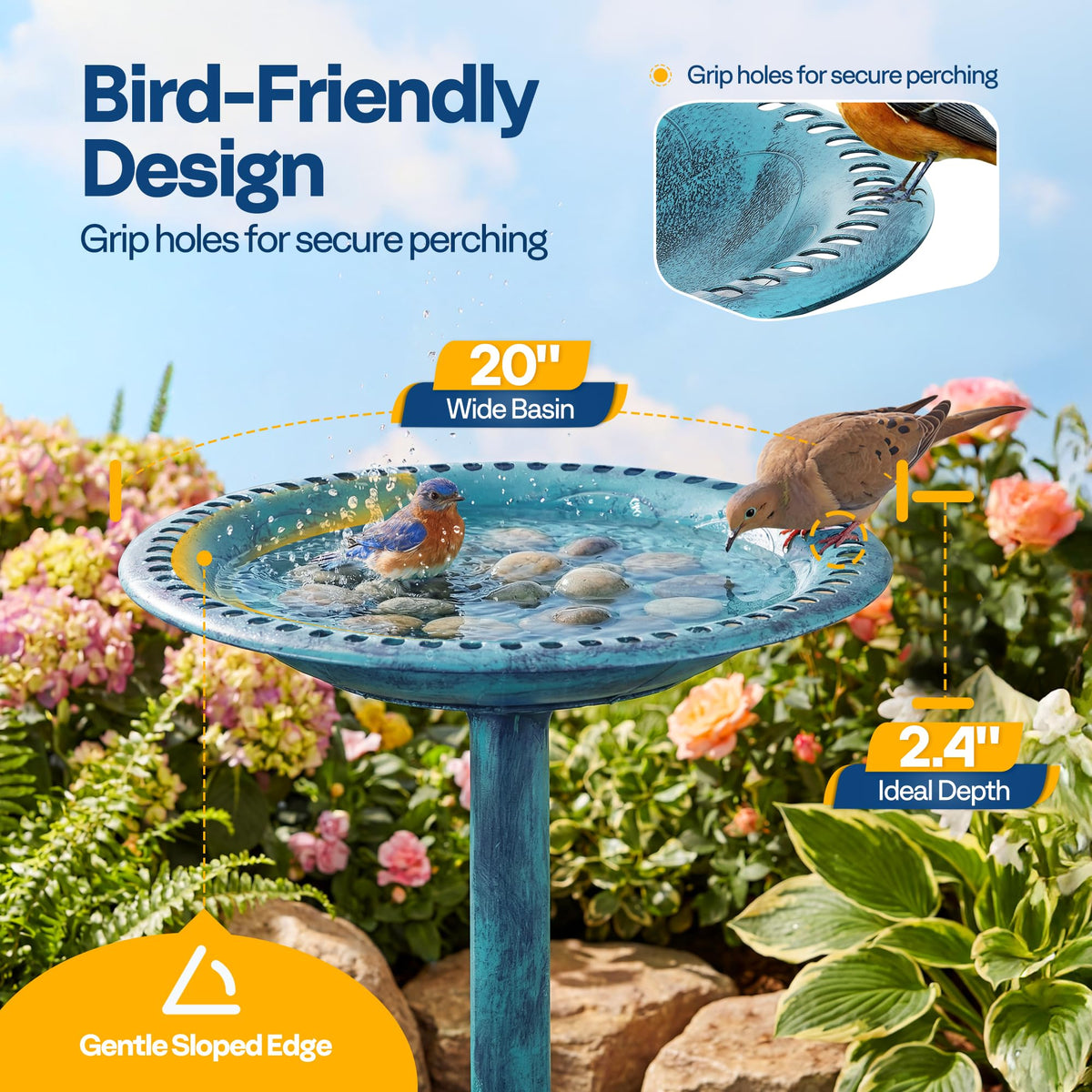 Vivohome bird bath rim grip holes enable secure perching for visiting birds.