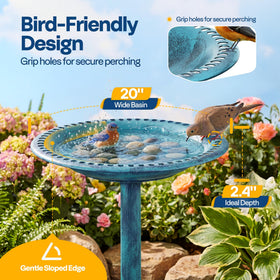 Vivohome bird bath rim grip holes enable secure perching for visiting birds.