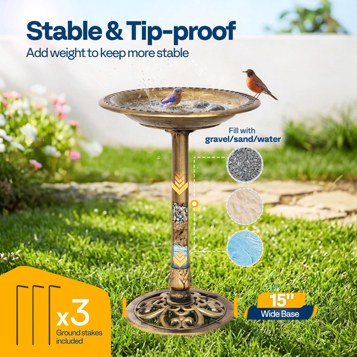 VIVOHOME bird bath with stable 15-inch base resists tipping in windy weather.