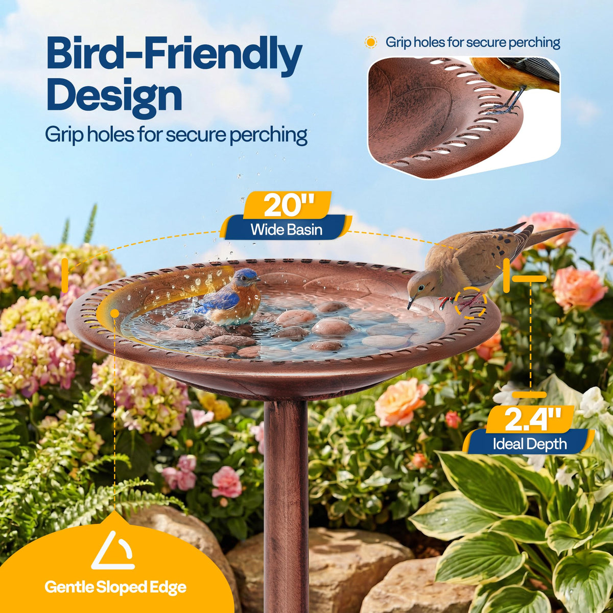 Wide base and ground stakes provide stability for the VIVOHOME bird bath